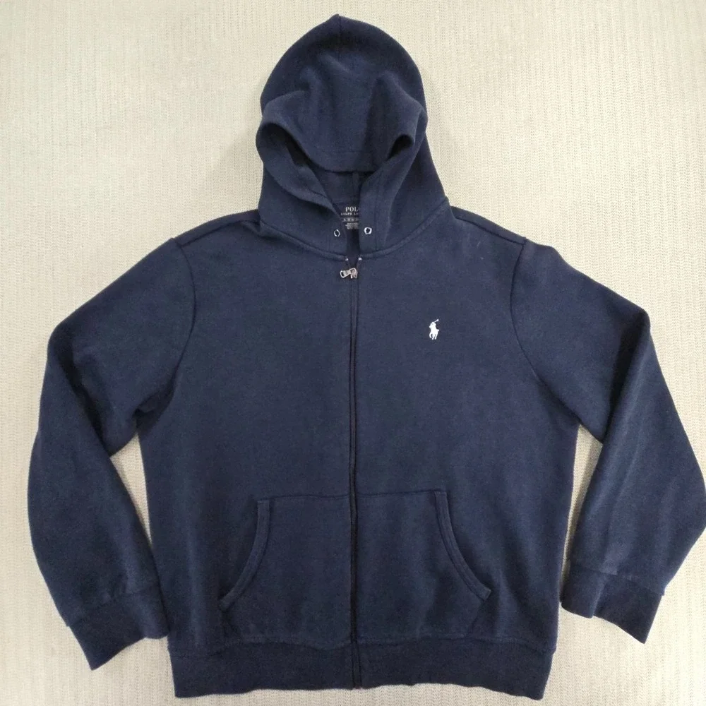 Polo Ralph Lauren Hoodie Sweatshirt Mens XL Blue Full Zip Fleece White Pony